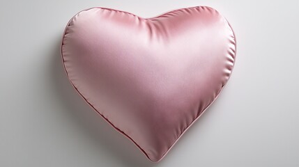 Elegant pink decorative pillow in a heart shape, smooth texture with intricate stitching, placed on a white background for a minimalist look