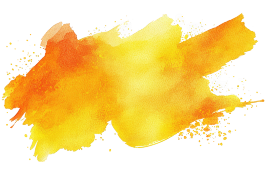 abstract yellow and orange watercolor paint splatter on transparent background