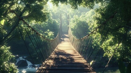 A serene wooden suspension bridge surrounded by lush greenery and soft sunlight.