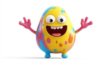 Front view of a cheerful animated blob cartoon character with colorful accents, posed playfully against a white background.