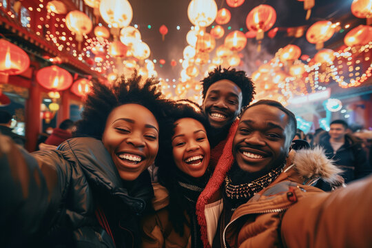 African American Friends Watching Colorful Fireworks and Lanterns at Chinese Lunar New Year 2025 Celebration in Festive China Streets - Powered by Adobe