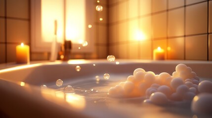 Serene Bathtub Scene with Bubbles and Candles Creating a Relaxing Ambiance in a Warmly Lit Bathroom during Sunset