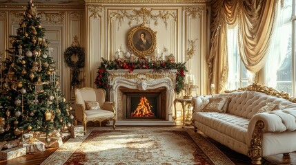 Elegant royal room with fire place. luxury soft sofa near chrismas tree. classic room decorated for new year