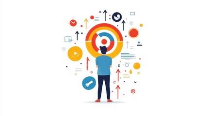 Goal-focused illustration on a white background depicting a professional success journey with target arrows and motivational symbols.