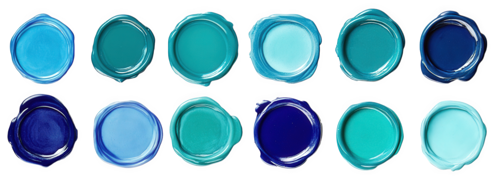 twelve round wax seals in various shades of blue and green. arranged in two rows of six on a transparent background