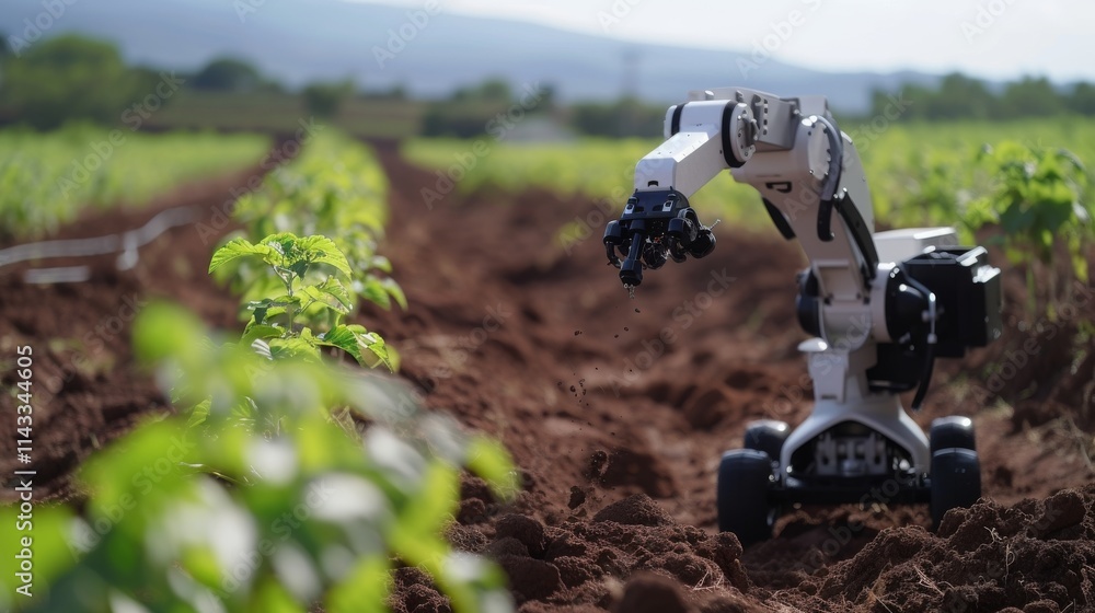 Aufkleber a robotic arm using advanced technology for soil preparation in farming fields, demonstrating effici