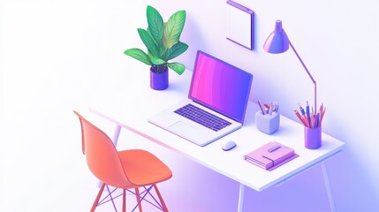 Modern home office setup featuring a laptop, ergonomic chair, plant, and stationery on a white background, illustrating the remote work concept.