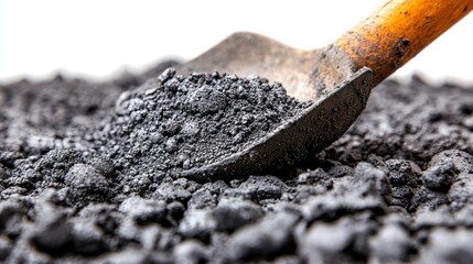 Fototapeta premium Close-up of a shovel full of dark gray gravel.