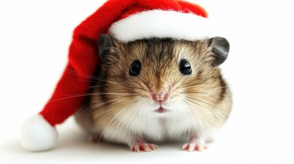 Cute hamster wearing a Santa hat, white isolate background.