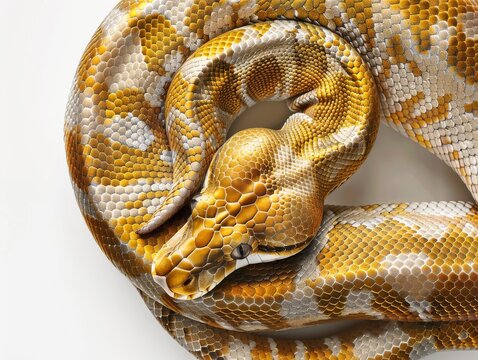 ball python curled neatly on a pure white background
