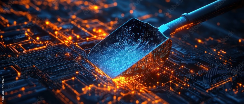 Poster futuristic data mining scene with glowing digital shovel and circuit patterns