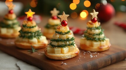 Festive Christmas Tree Bites. Cheese canapes in the shape of Christmas trees