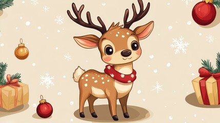 Fototapeta premium Cute Christmas Reindeer Sticker on Beige Background