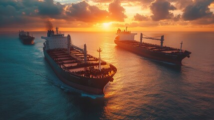 Obraz premium Majestic Cargo Ships at Sunset: A Breathtaking Ocean Voyage