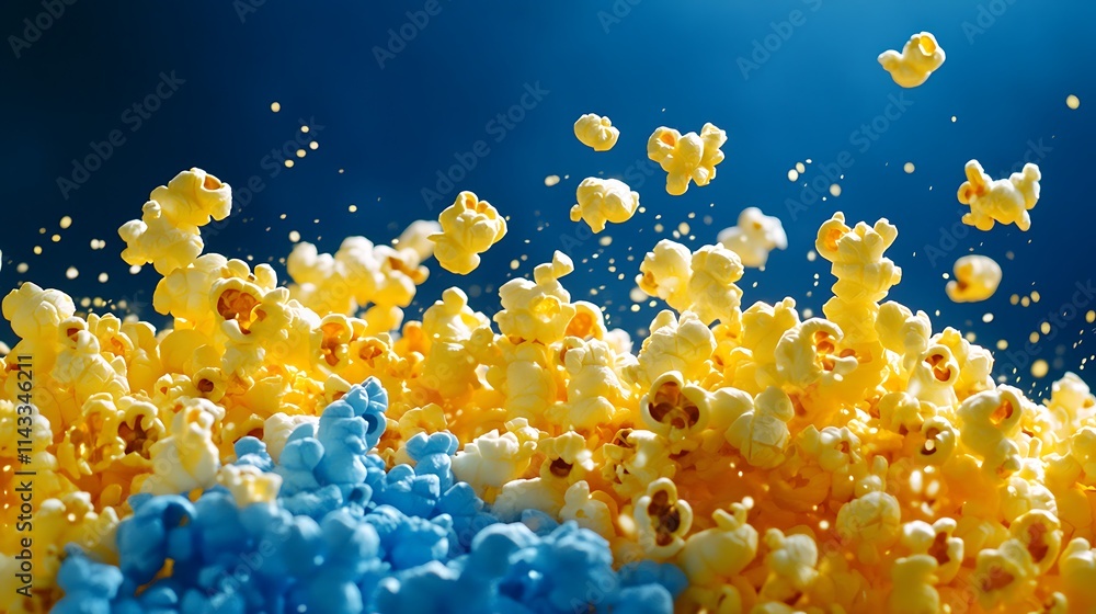 Poster yellow and blue popcorn kernels exploding