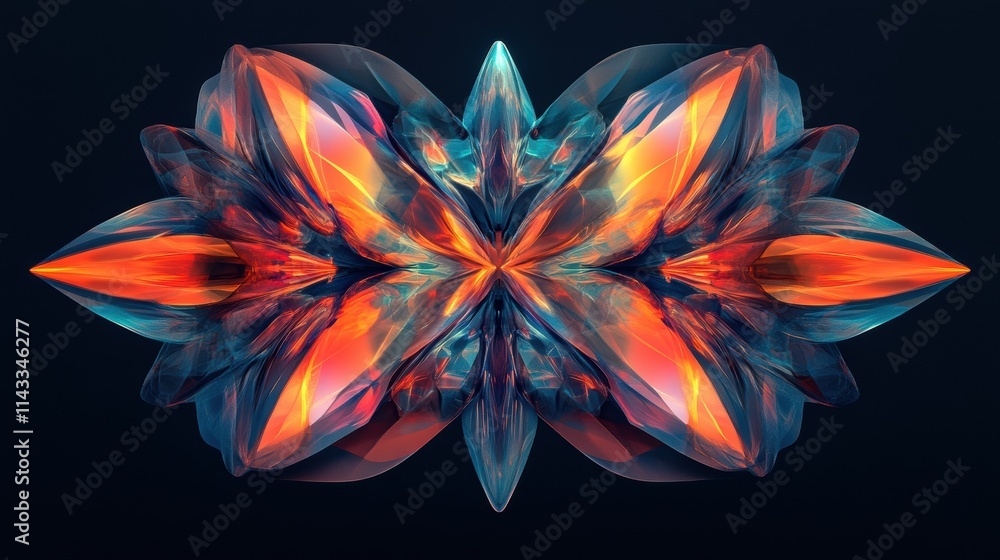 Poster gleaming 3d multicolored structure. futuristic tribal symbol. digital image on dark isolated backdro