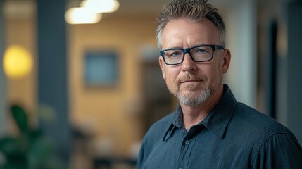 Obraz premium Portrait of a confident mature facility manager man wearing glasses and a casual collared shirt smiling in a modern workspace