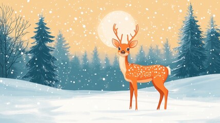 Illustration animationf winter scene with deer and trees in the background