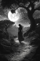 Obraz premium woman wearing modern clothes and walking on path alone surrounded by forest with large trees, evening with moon and stars in sky above