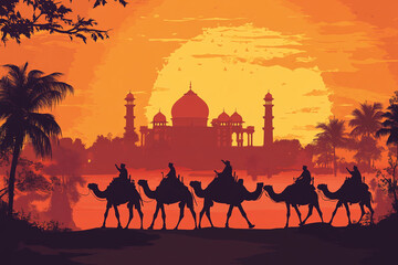 Traditional Mughal, camel caravan, vector style.