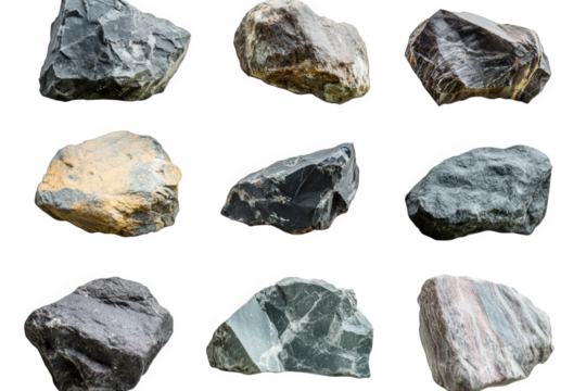 a collection of nine different types of rocks isolated on a transparent background each rock is unique in its shape. size. and color
