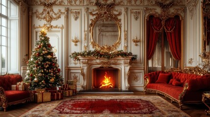 Elegant royal room with fire place. luxury soft sofa near chrismas tree. classic room decorated for new year