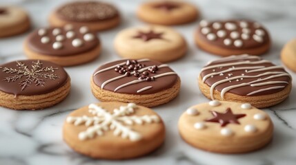 Fototapeta premium Christmas-themed hand-baked biscuits on a marble background