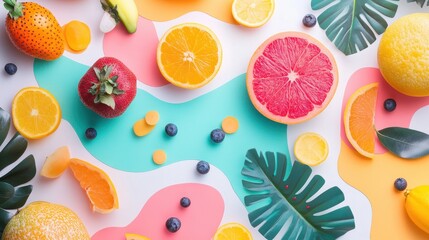 Vibrant graphic showcasing an array of fruits and vegetables in a colorful layout on a white background.