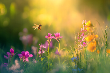 Fototapeta premium Dynamic Dance of the Bee: Pollination and Biodiversity in Sunlit Harmony