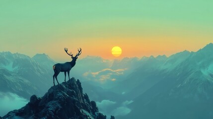 Majestic stag silhouetted against a vibrant sunset over a mountain range.
