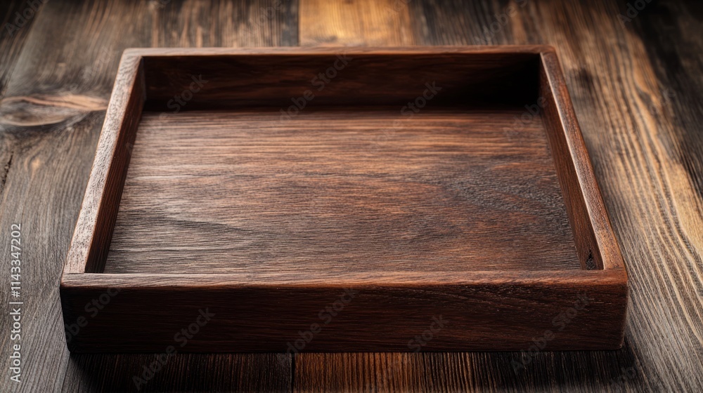 Poster a simple wooden tray resting on a rustic wooden surface, ideal for serving or organizing items.