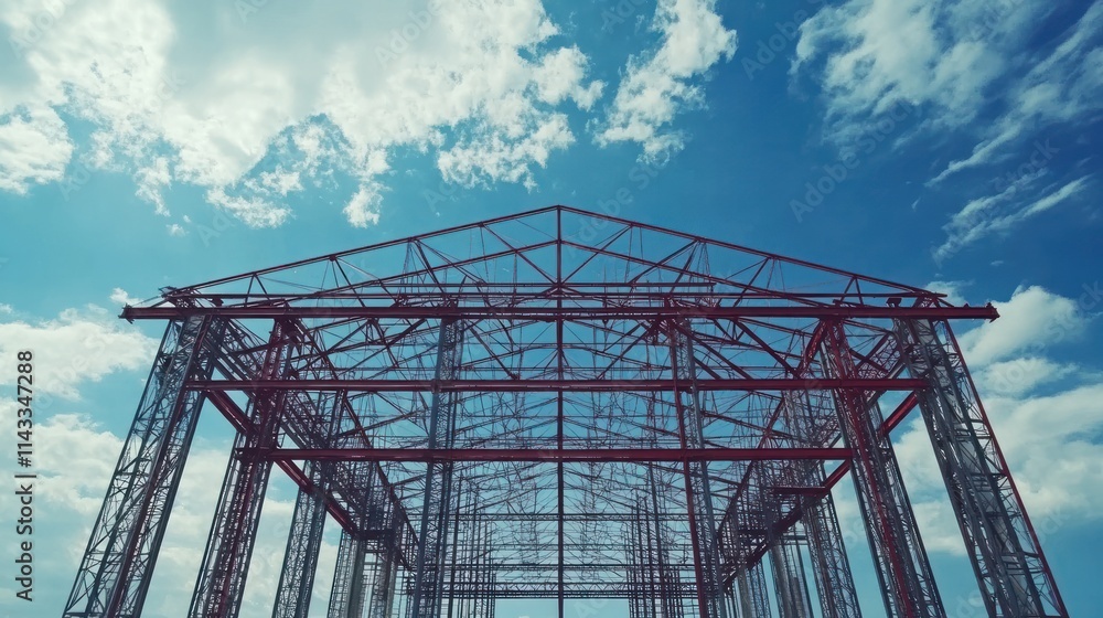 Poster a skeletal framework of a building under a bright blue sky with scattered clouds.