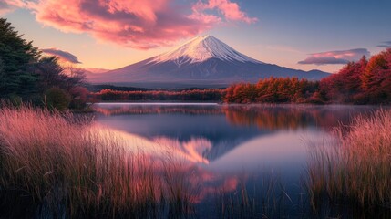 Mount Fuji Reflecting in Still Water at Sunrise