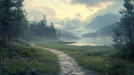 Serene Lake and Mountain Landscape: A Peaceful Path Through Nature