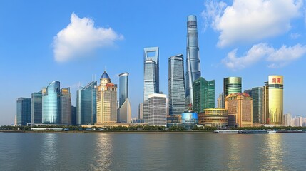 Fototapeta premium A skyline view of modern skyscrapers along a river under a clear blue sky.