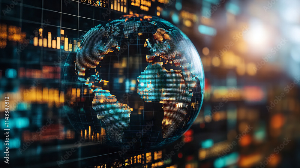 Poster close up of globe displaying global trade statistics and data trends