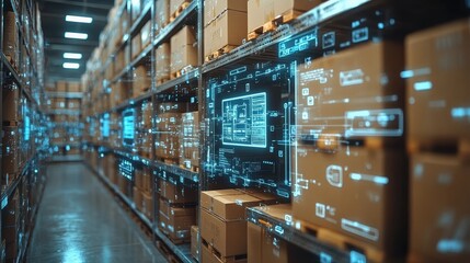 Fototapeta premium Palletized cardboard boxes stored in a warehouse with augmented reality data management system