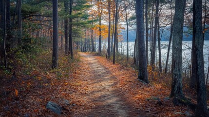 Fototapeta premium Autumnal Path by the Lake: A Serene Nature Scene
