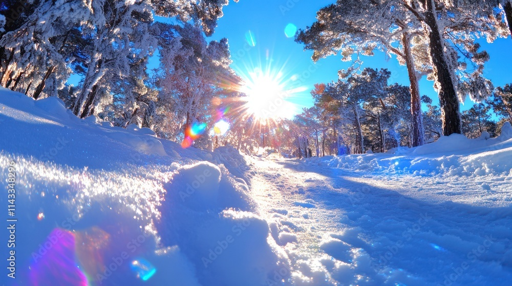 Poster a snowy landscape with sunlight shining through trees, creating a serene winter scene.