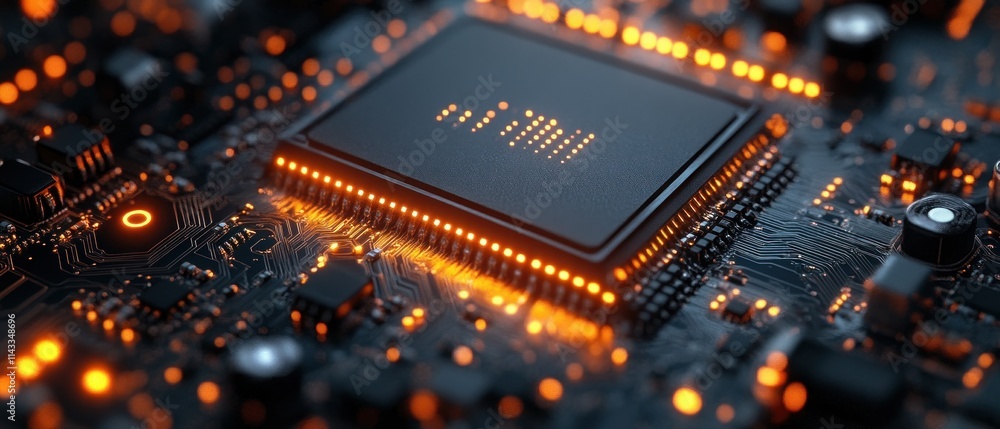 Aufkleber Close Up View of Futuristic Microchip with Glowing Circuits in Cyberpunk Style