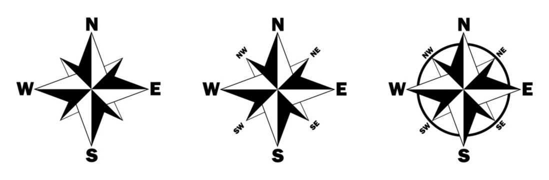 Compass icons set of four cardinal directions. North, South, West, East compass icon.  Geographical position, Map direction, navigation sign, wind rose, Navigational compass, Nautical chart, compass. 
