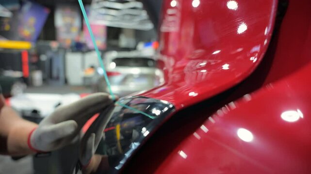 Process of applying a PPF film to a car. Worker removes the rest of PPF film with tape. Close up footage of applying a film on a car. 