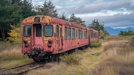 Obraz premium Rusty Relic: An Abandoned Train in a Mountainous Landscape