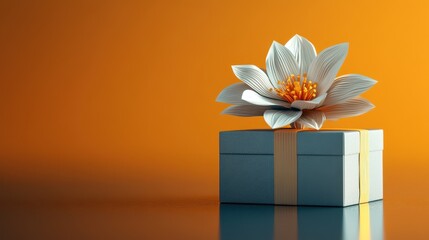 White and grey giftbox decorated with golden paper-like flower on a reflective floor with orange background with shadow