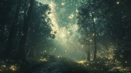 Obraz premium Forest at night with a path lit by fireflies