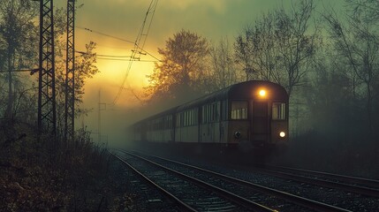 Fototapeta premium Misty Sunrise Train Journey: A Scenic Railroad Landscape