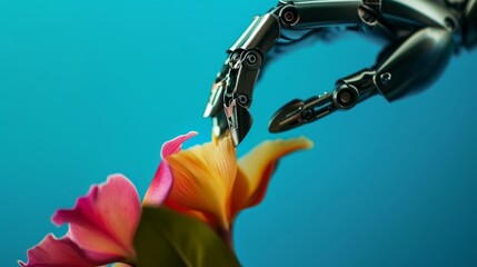 A close-up of a robotic hand reaching out to touch a bright pink and yellow flower on a vivid blue background, merging technology with nature. AI generated.