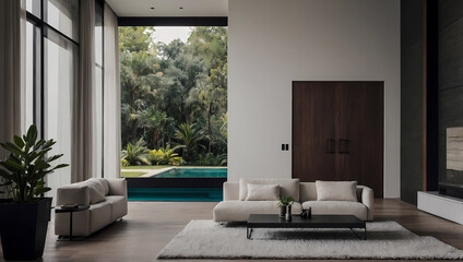 Modern Living Room with Outdoor Pool View