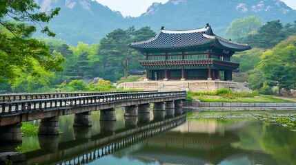 Naklejka premium Korean Traditional Architecture, Peaceful Landscape, Historic Temple, Travel Destination