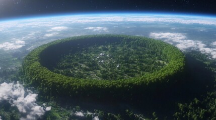 Lush green forest inside a circular crater on Earth, viewed from space.